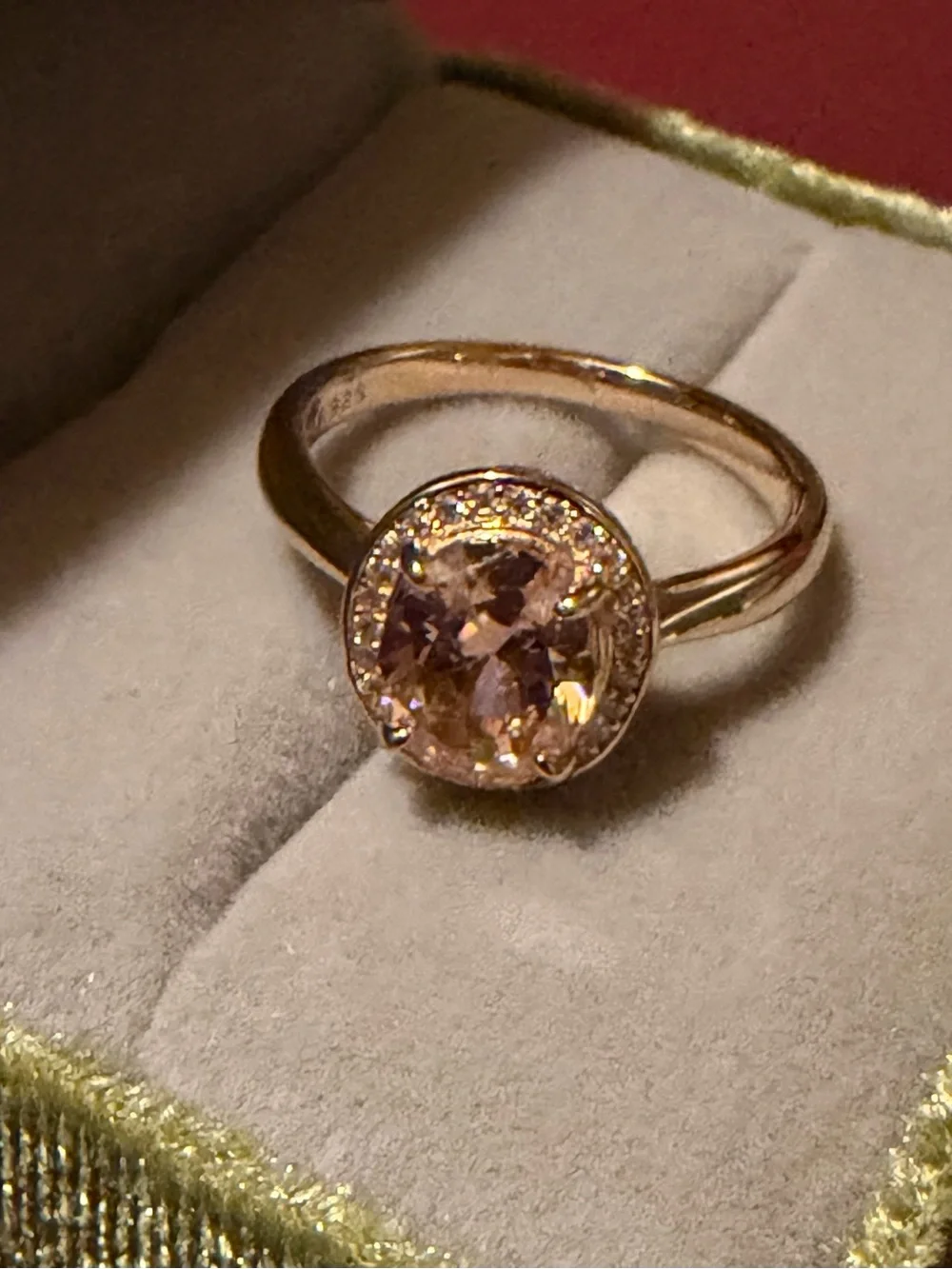 925 SS & Yellow Gold Oval Halo Ring with Pink Cubic Zirconia Center - Picture 3 of 6